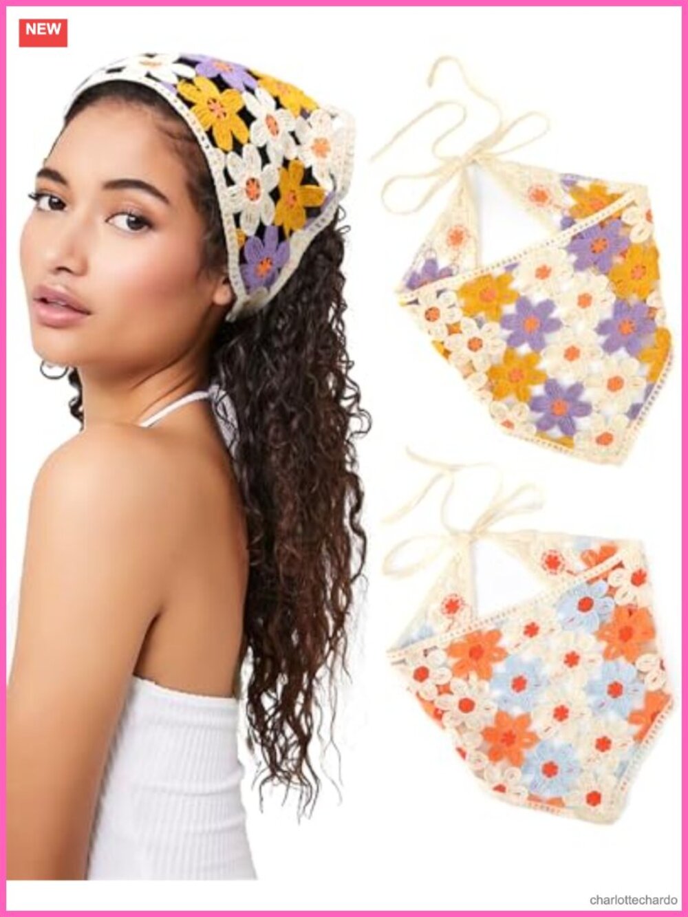 Handmade Crochet Floral Bandana Headband Tie Knitted Headscarf Hair Accessory